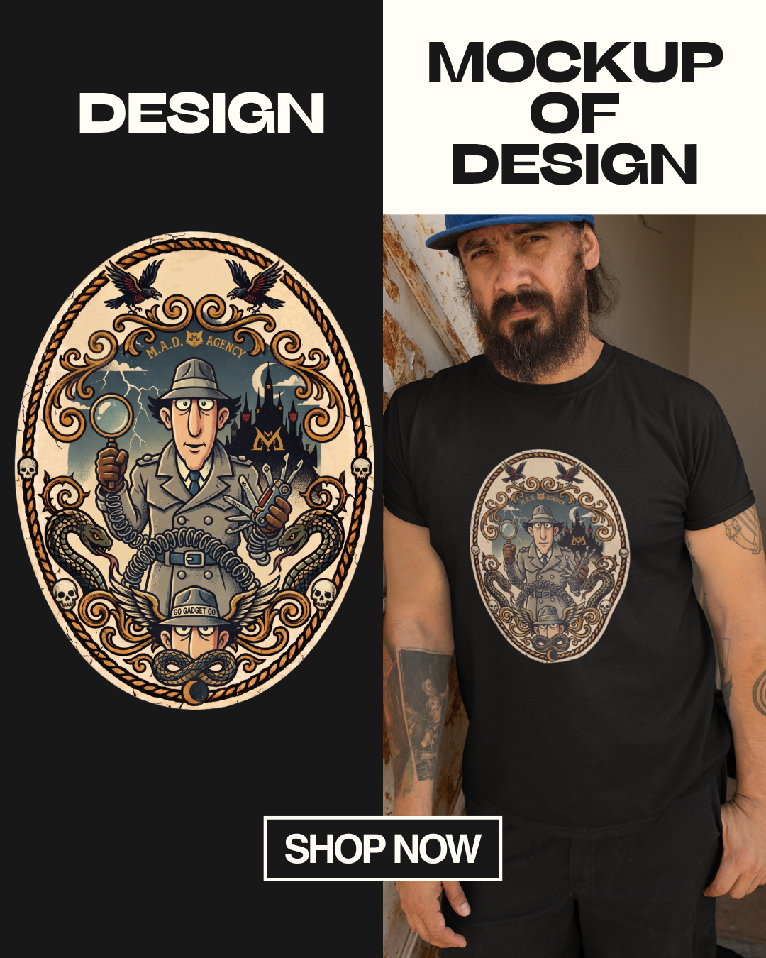 Inspector Gadget Vintage Tattoo Flash PNG | Retro 80s Cyber Detective Halloween Shirt Design