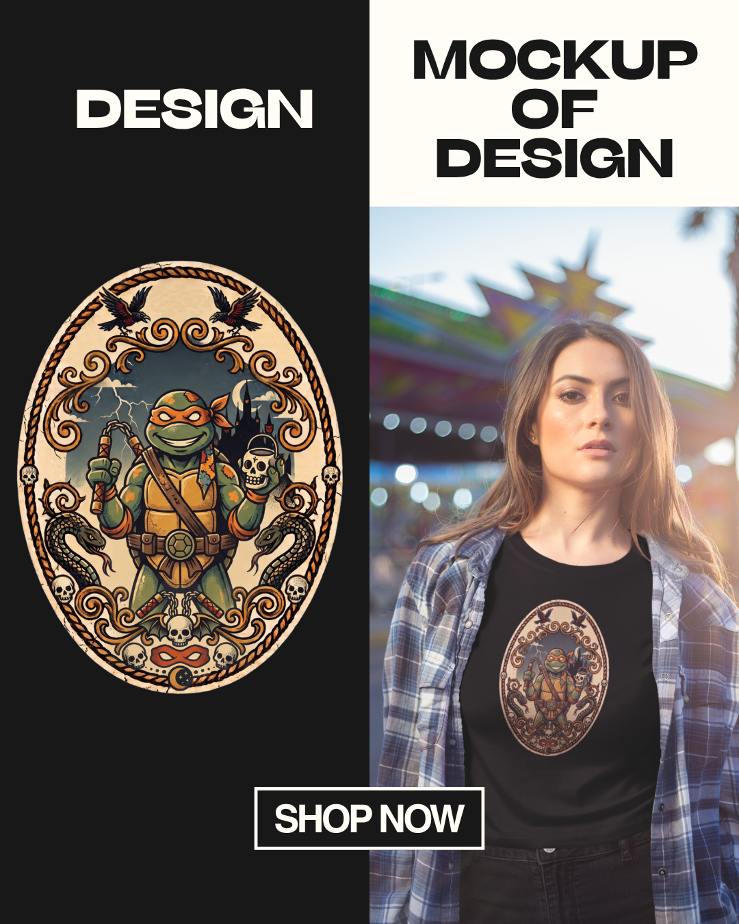 Vintage Michelangelo Ninja Turtle Halloween PNG | Retro 1980s Tattoo Flash Shirt Design | TMNT Trick-or-Treat